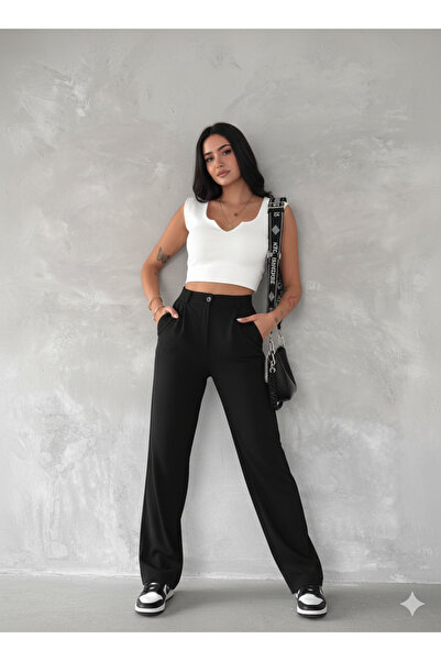 Le Touche Women's Black High Waist Pleated Buttoned Lycra Stretchy Comfortable Fit Palazzo Pants