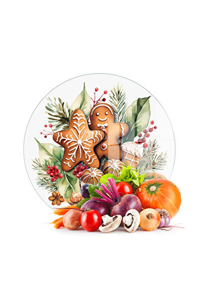 Decovetro Glass Cutting Board and Serving Tray Round Gingerbread Christmas Cookie Patterned 30 X 30 cm