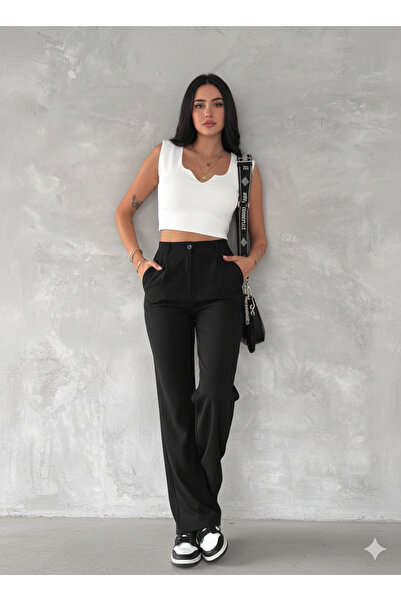 Le Touche Women's Black High Waist Pleated Buttoned Lycra Stretchy Comfortable Fit Palazzo Pants