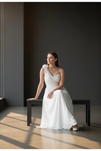 ENDAMIM Wedding Engagement Evening Dress Outdoor Shoot Heart Neckline Flower Detailed Chiffon One Shoulder Wedding Dress
