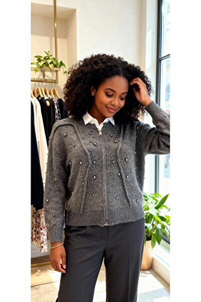 Curly Anthracite Stone and Zippered Cardigan