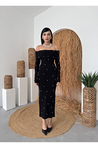 ETİKAFASHION Madonna Yaka İncili Fit Elbise