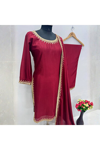 MYSMAR Maroon Chinnon Silk Salwar Kameez & Dupatta - HRT2522 | Maroon