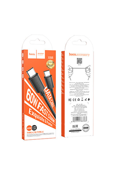 Hoco Data and Charging Cable (X88), USB-C, PD60W, QC3.0, 1m, Black