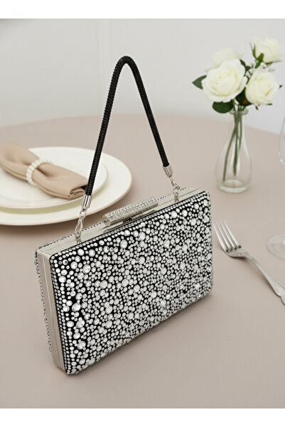 Biçanta Luxury Black Suede 5 Size Silver Crystal Stone Embroidered Evening Dress Bag |   Wedding and Evening Clutch