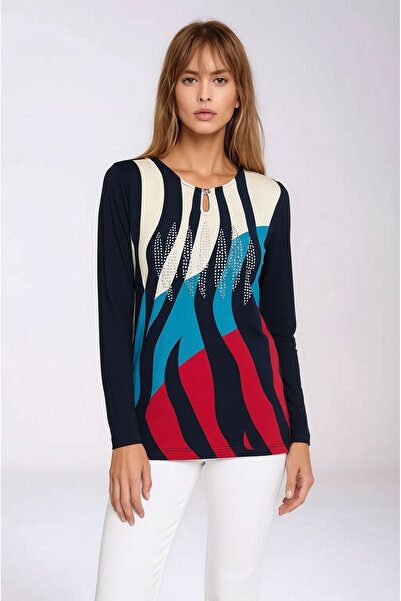 MAMAYAGA Women's Crew Neck Stretchy Patterned Stone Viscose Long Sleeve Curve Plus Size Blouse