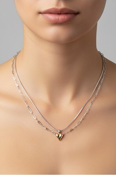 Lorivelle Premium Paslanmaz Çelik Çift Sıra Zincirli Gümüş Renk & Gold Kalp K...