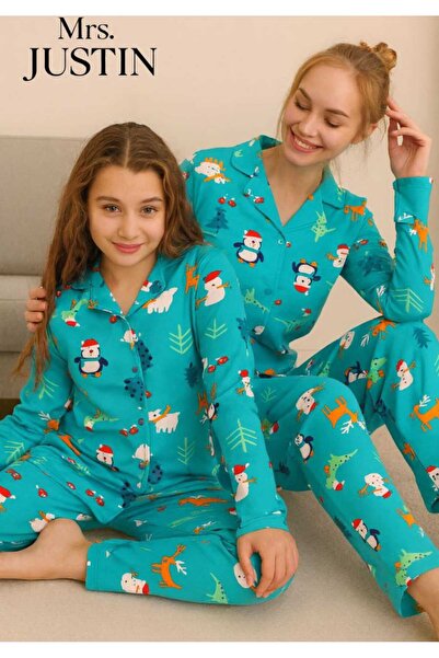 Mrs Justin %100 Pamuklu İnterlok Penye Unisex Yeni Yıl Çocuk Pijama Takımı