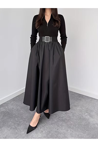 MaxiMor Women's Black Color Flowy Maxi Skirt with Side Pockets 4 Transitional Lacquer Fabric Length 95 cm