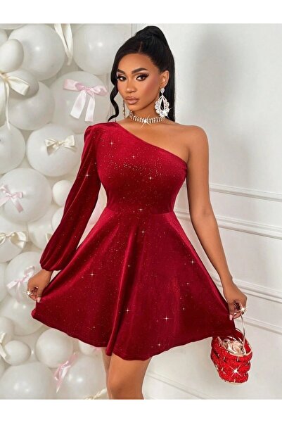 JANES Дамска мини рокля с едно рамо, дълги ръкави и бродерия