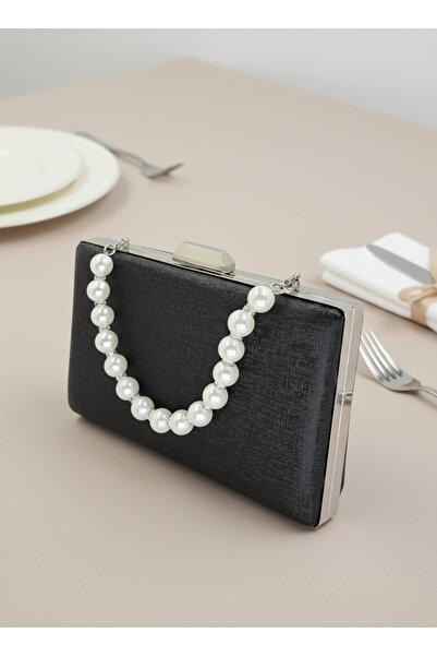Biçanta Black Color Pearl Detailed Matte Anti-Scratch Leather Pearl Wedding Engagement Graduation