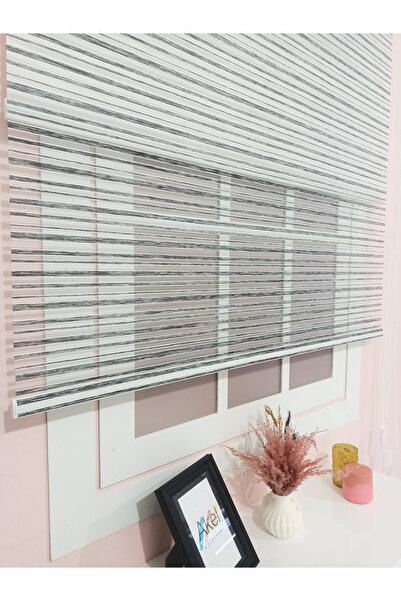 White Rose Design Gri Çizgili Modern Çift Mekanizmalı Zebra Tül Stor Perde