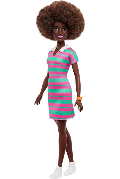 Barbie Fashionistas Doll #247 – Curly Black Hair, Pink & Green Striped Dress (JJN60)