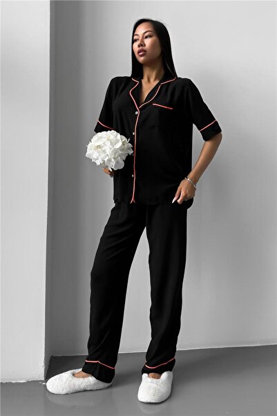 COCCOLARSI Sonno Luce Siyah Viskon Kısa Kol Pantolon Pijama Takımı