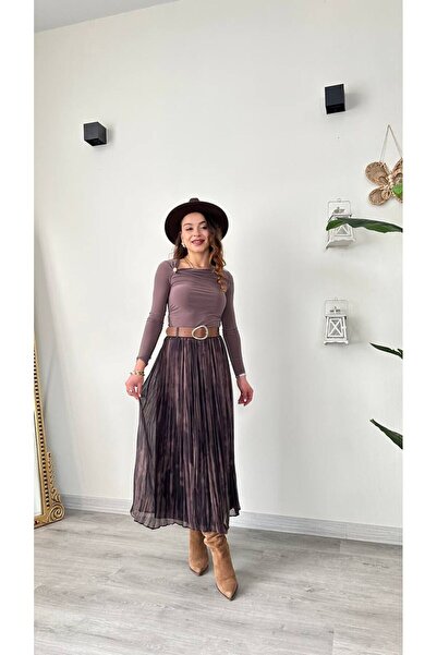 modadagiyim Дамска пола от шифон с кариран десен, набрана ефект, подплатена и с колан