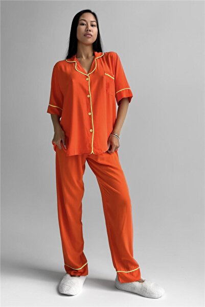COCCOLARSI Sonno Luce Turuncu Viskon Kısa Kol Pantolon Pijama Takımı