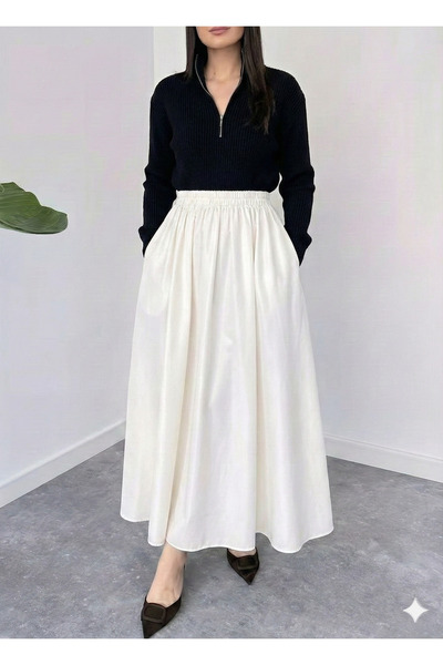 MaxiMor Fusta maxi drapată de culoare neagră pentru femei cu buzunare laterale 4 de tranziție țesătură lacuită lungime 95 cm