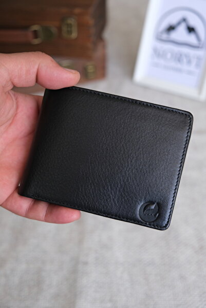 Norvi Leather Hi̇lal İçi̇ne Bozkurt Special Bass Printed Ri Wallet-Genuine Leather Wallet with Coin Compartment Shiny Black 1242