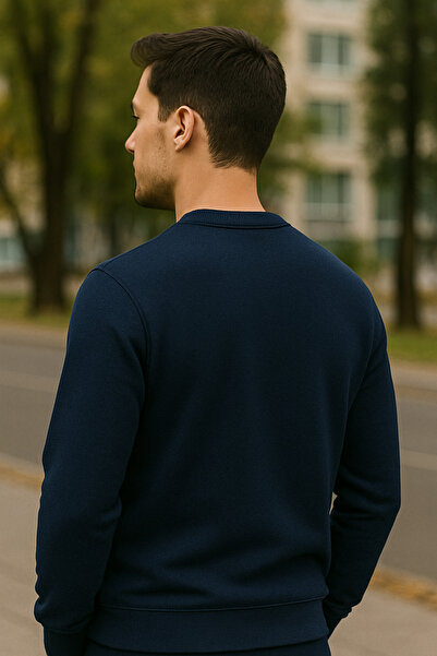 Maccali Men's Crew Neck Trend Long Sleeve Long Navy Blue Sweater
