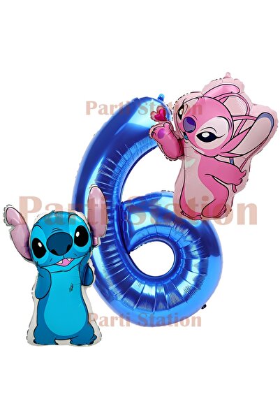 Parti Station Lilo Stitch ve Angel 6 Yaş Lacivert Rakam Balon Doğum Günü Part...