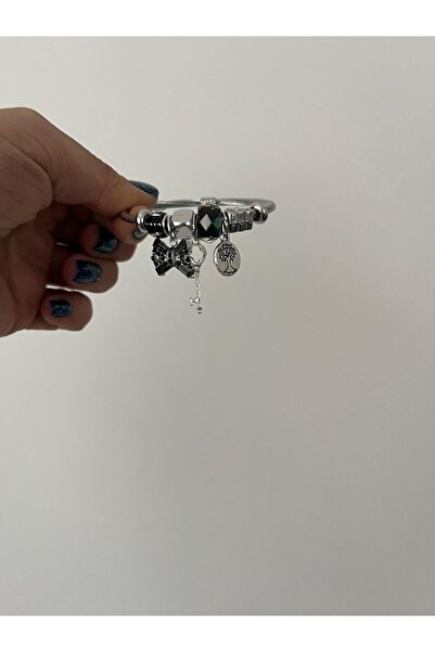 thesecret desire Silver Charm Detailed Steel Bracelet – Black Stone & Key & T...