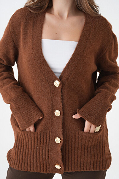 Park Karon Women's V-Neck Button Closure Wool Blend Fleece-Lined Oversized Knitwear Cardigan 8641Sw