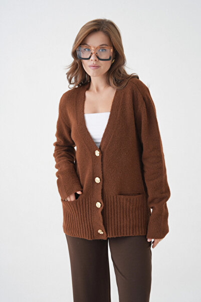 Park Karon Women's V-Neck Button Closure Wool Blend Fleece-Lined Oversized Knitwear Cardigan 8641Sw