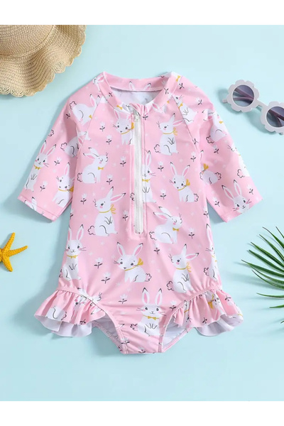 MODA Pembe tavşan desenli, fırfırlı uzun kollu bebek mayo. Yumuşak, esnek ve ...