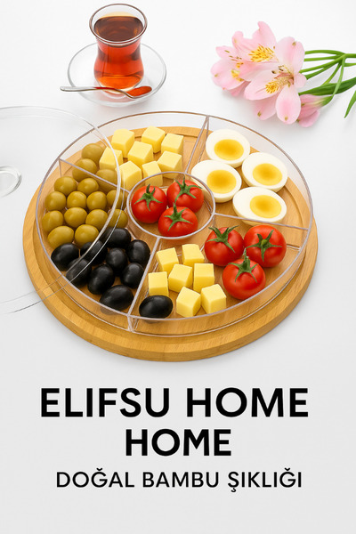 ELİFSU HOME 5 Compartment Bamboo Top Breakfast Box with Lid