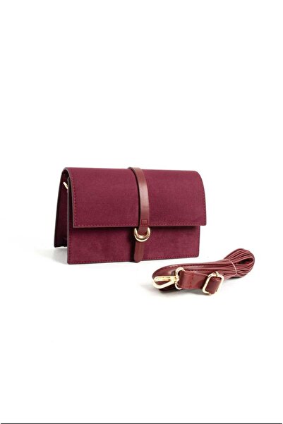 ÖZÜM TAKI Women's Belt Detail Suede Long Strap Shoulder Bag Burgundy