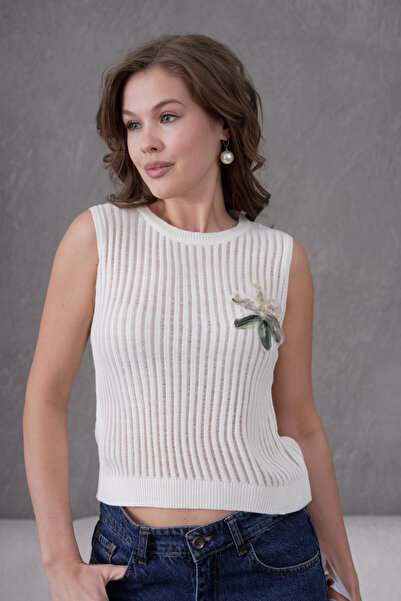 Park Karon Women's Crew Neck Soft Textured Lace-Like Knit Knitwear Sweater 10703