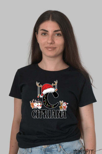 GILDAN Tricou Craciun Cipriana Litera C Cu Reni Si Mosul Femeie