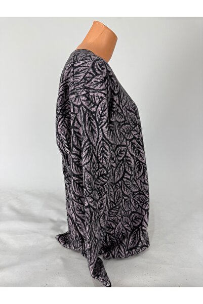 YAŞAR TRİKO Women's Black Pink Leaf Patterned U-Neck Long Sleeve Side Slit Wool Mother Combed Cotton T-Shirt