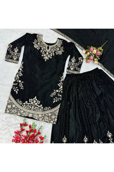MYSMAR Black Chinon Silk Kurti Sharara & Dupatta - HRT5333 | Black