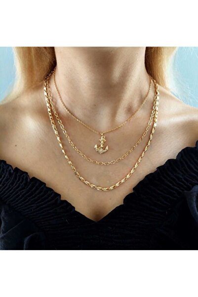Madam Bikan Gold Renk Çapa Üçlü Kolye