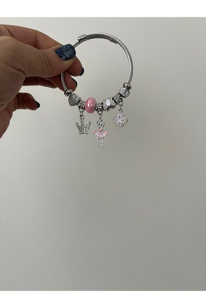 thesecret desire Silver Charm Detailed Steel Bracelet – Stylish Design with Crown & Ballerina & Flower Figures