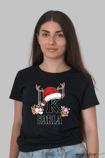 GILDAN Karla Christmas T-shirt Letter K With Reindeer And Santa Claus For Women