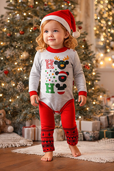 Bebelul Compleu Craciun body, pantaloni si caciula