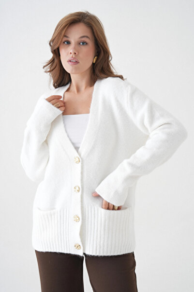 Park Karon Women's V-Neck Button Closure Wool Blend Fleece-Lined Oversized Knitwear Cardigan 8641Sw