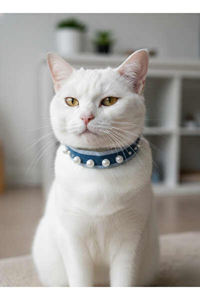 balkonda Cat Necklace Leash Adjustable Denim Navy Blue Beaded Chain