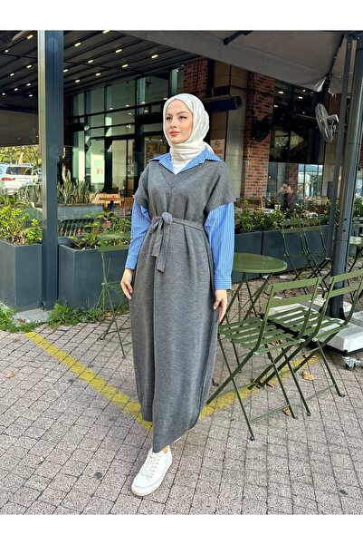 Miraydın Butik Poplin Detailed Knitwear Dress - Anthracite