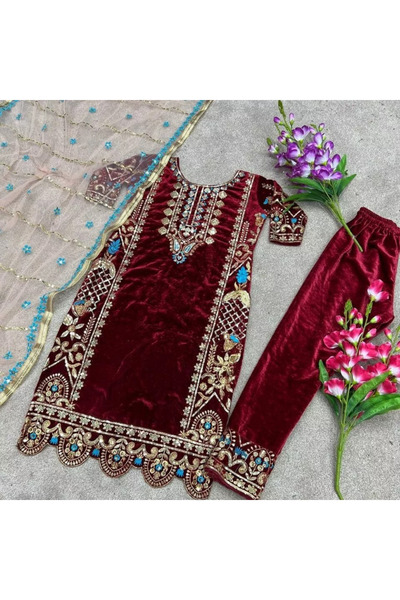 MYSMAR Red Viscose Velvet Kameez Salwar & Dupatta - HRT5520 | Blue