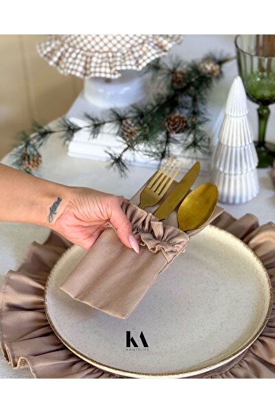 KaiAtelier 2Li Sienna Fırfırlı Keten 3 Bölmeli Çatal-Kaşık-Bıçak Kılıfı