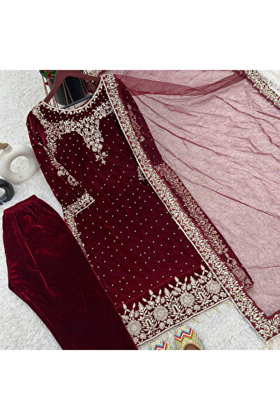 MYSMAR Maroon Viscose Velvet Kameez Salwar & Dupatta- HRT5586 | Maroon