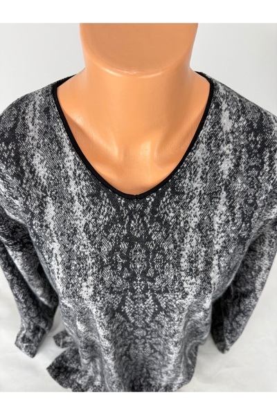 YAŞAR TRİKO Women's Black Gray Patterned U-Neck Long Sleeve Side Slit Wool Mother Combed Cotton T-Shirt