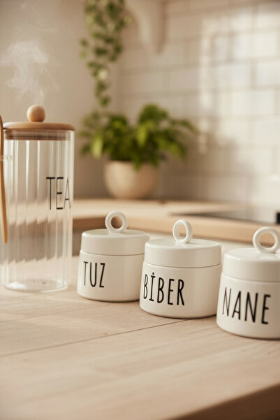 Sade Hediye 3-Piece Porcelain Spice Jar and Glass Jar with Bamboo Lid and Spoon for Tea, Syrup, Coffee