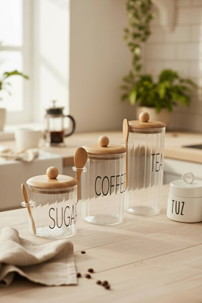 Sade Hediye 3-Piece Porcelain Spice Jar and Glass Jar with Bamboo Lid and Spoon for Tea, Syrup, Coffee