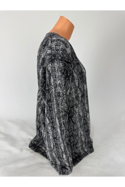 YAŞAR TRİKO Women's Black Gray Patterned U-Neck Long Sleeve Side Slit Wool Mother Combed Cotton T-Shirt