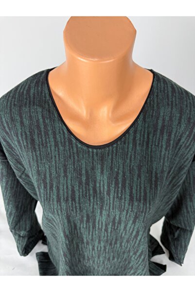 YAŞAR TRİKO Women's Green Black Stripe Patterned U-Neck Long Sleeve Side Slit Wool Mother Combed Cotton T-Shirt