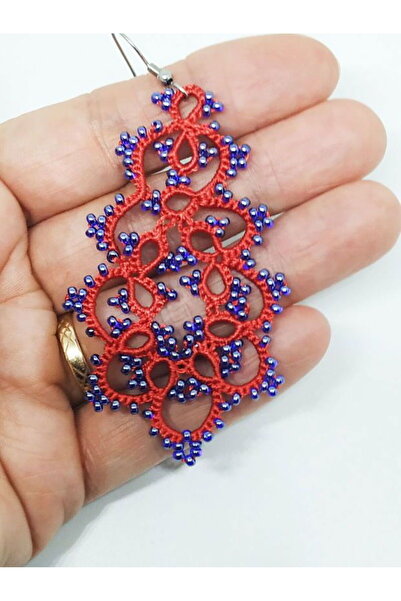 Ileanabiju Red and blue frilled lace earrings, earrings made with bobbins